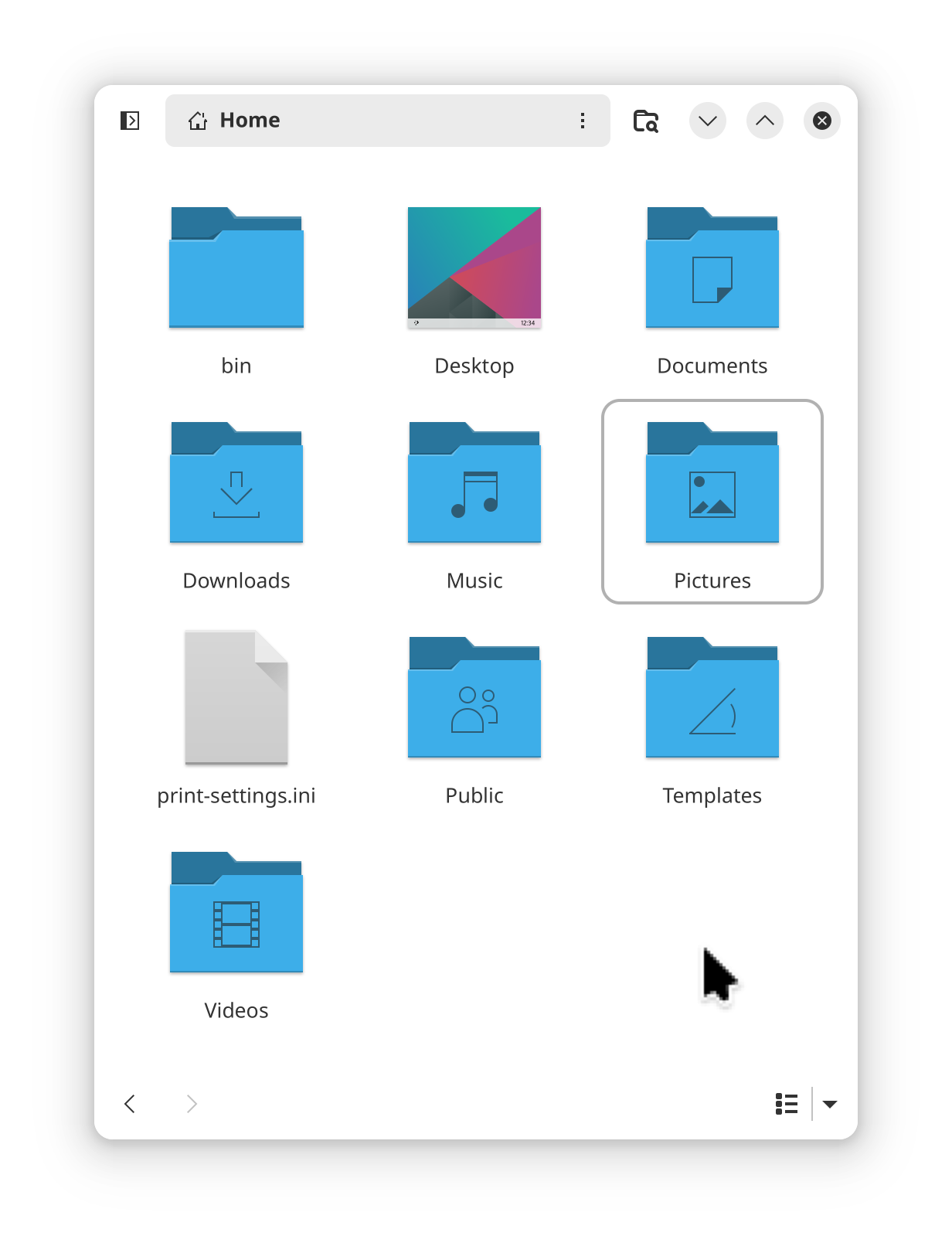 Screenshot of Nautilus (a file manager) on GNOME after using KDE: the cursor is enlarged and pixellated, the icons and cursors now follow the Breeze theme (default for KDE Plasma).
