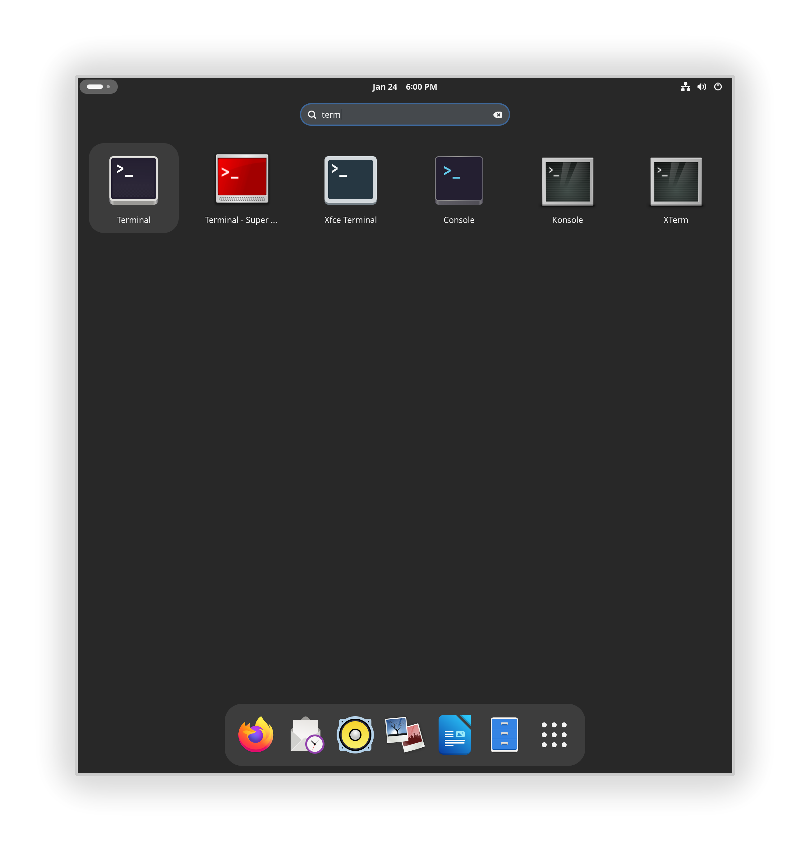 The GNOME menu showing six terminal applications.