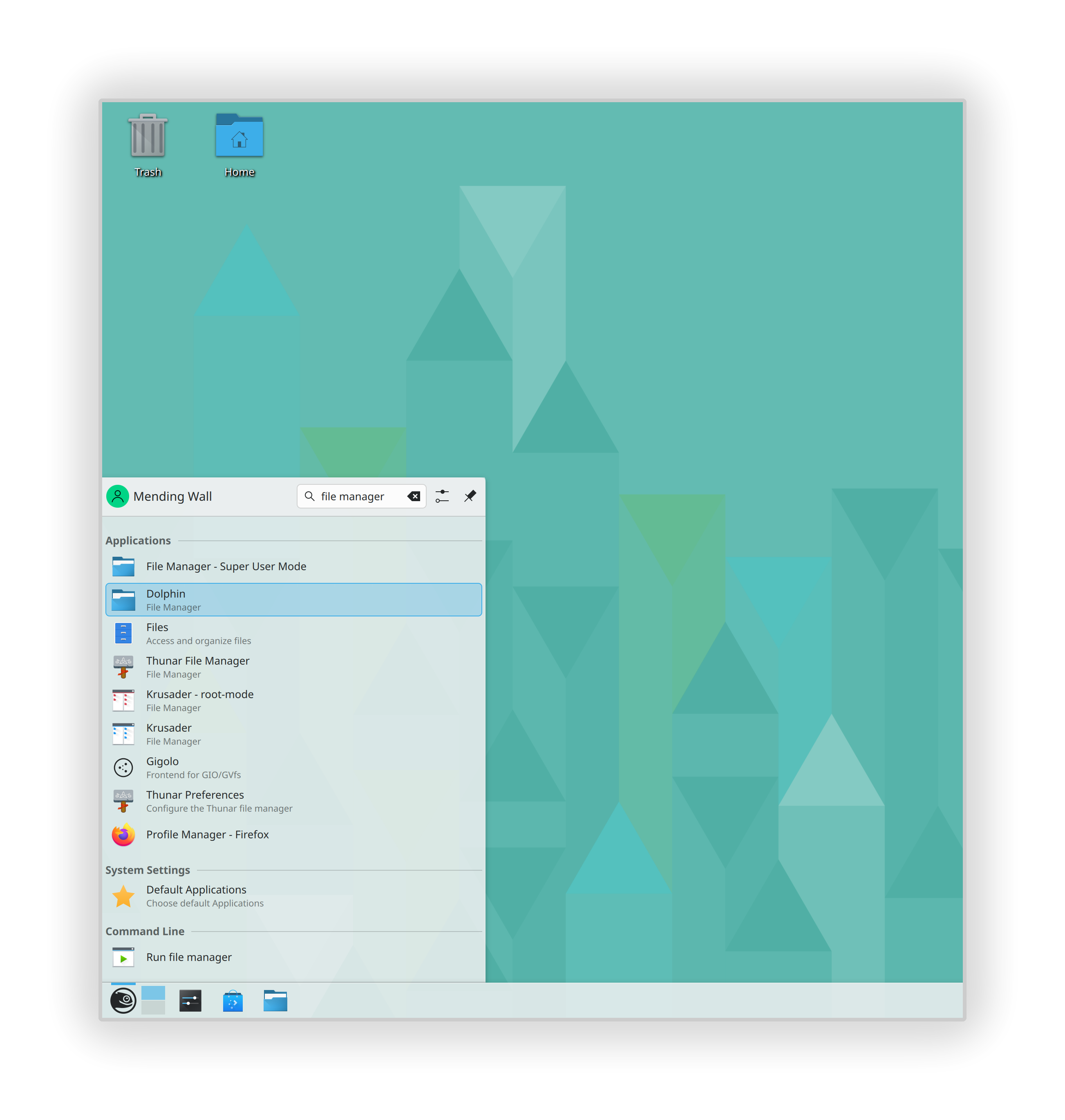 The KDE menu showing six file manager applications.